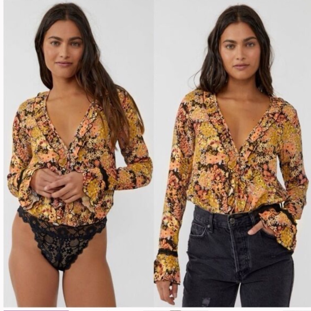 FREE PEOPLE Heat Wave Floral Long Sleeve Thong Bodysuit V-Neck Orange Black NWT